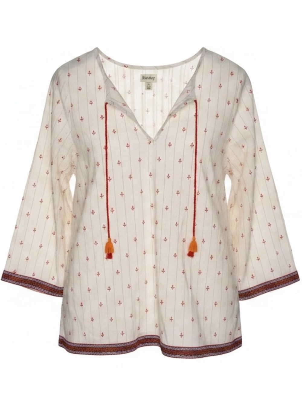 Hatley Cream with Red Floral Print Split Neck 3/4 Sleeves Embroidered Boho Top